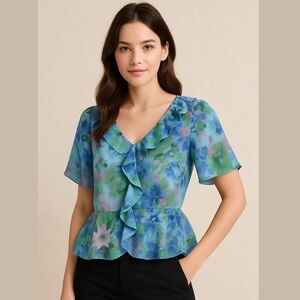 Sunny Leigh Floral Colorful Ruffled Blouse Top with Basque Teal Sz Large